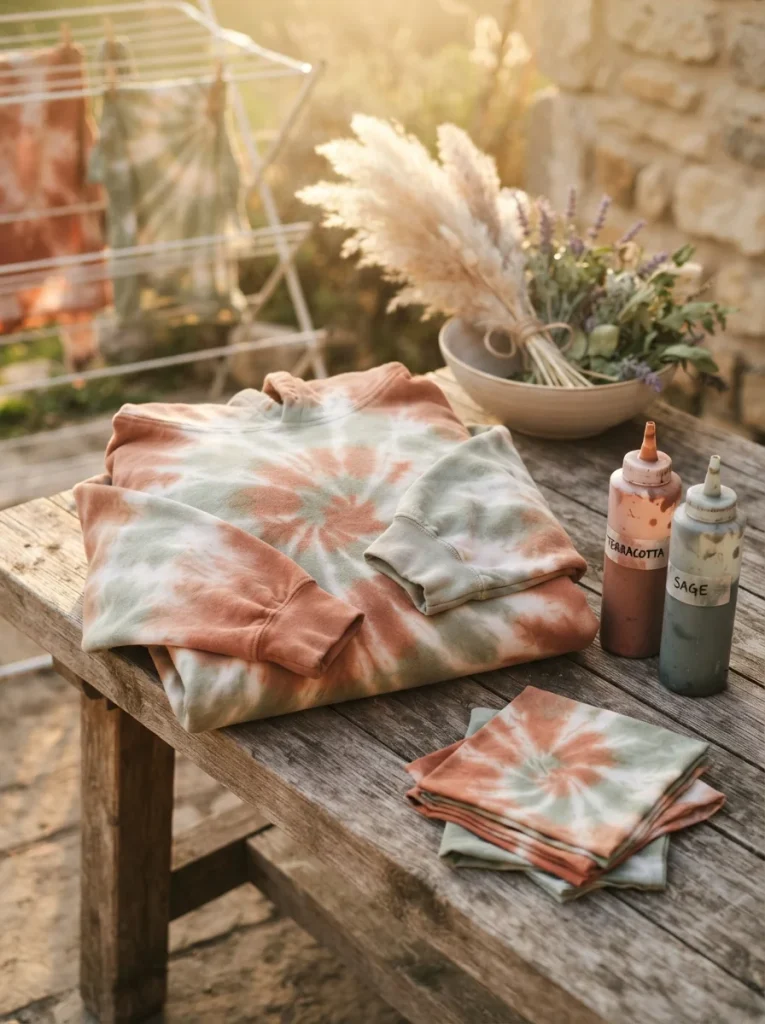 A cozy cotton hoodie featuring beautiful terracotta and sage-green spiral patterns with soft cream accents. A stylish handmade fashion piece perfect for creative DIY lovers.