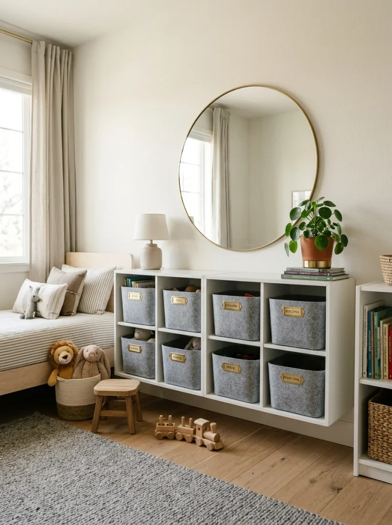 White floating EKET-style wall cabinets with felt storage baskets, brass labels, a round shatterproof mirror, and minimalist Scandinavian kids’ room decor.