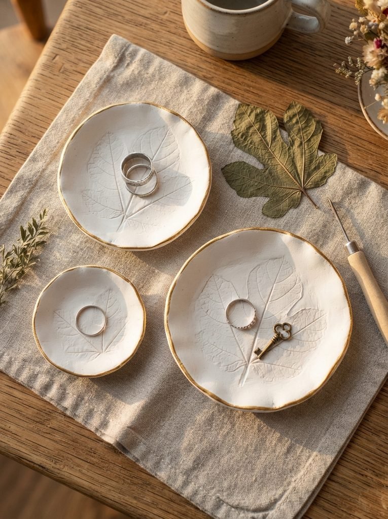 Handmade white air-dry clay trinket dishes with pressed fig-leaf imprints and gold-painted rims, holding silver rings and a tiny brass key on a linen-covered craft table.