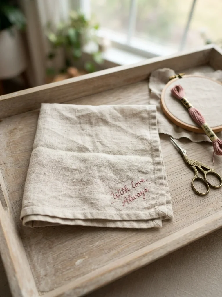Handmade oatmeal linen handkerchief with a delicate dusty rose embroidered phrase, displayed on a pale wood tray with an embroidery hoop, brass scissors, and thread.