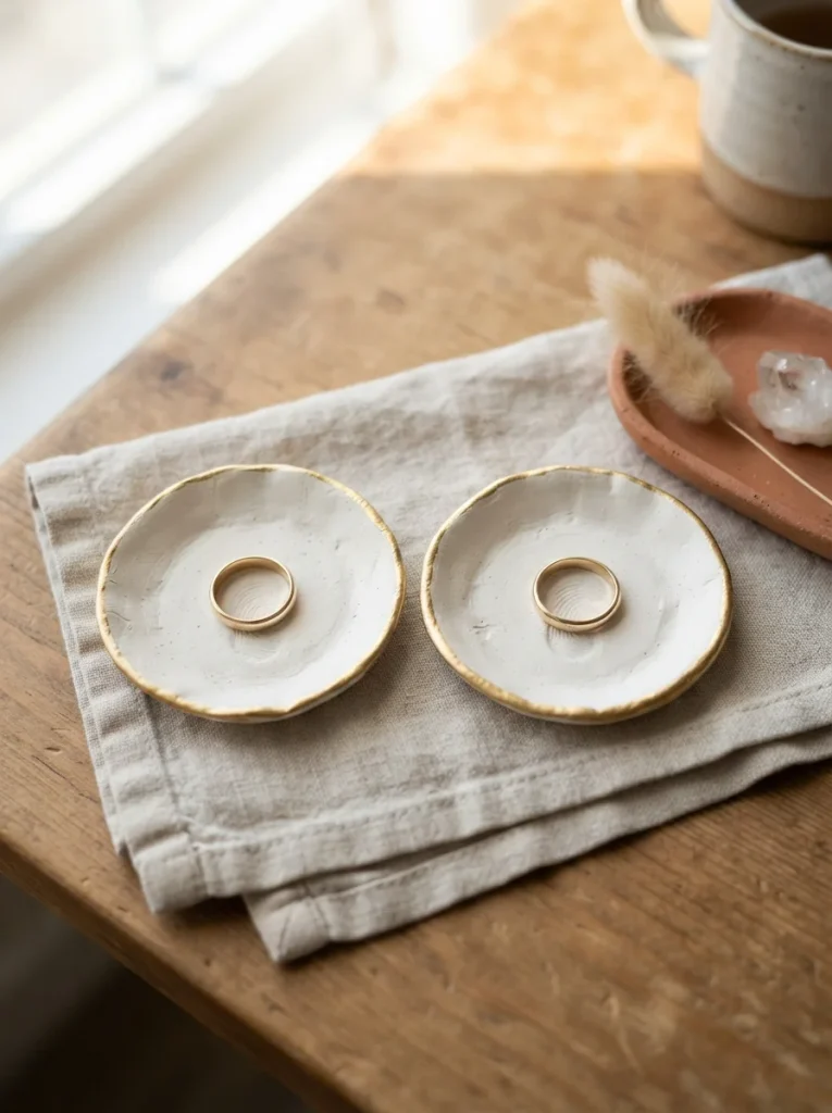 Handmade white clay ring dishes with gold rims, wedding bands, and elegant neutral accents.