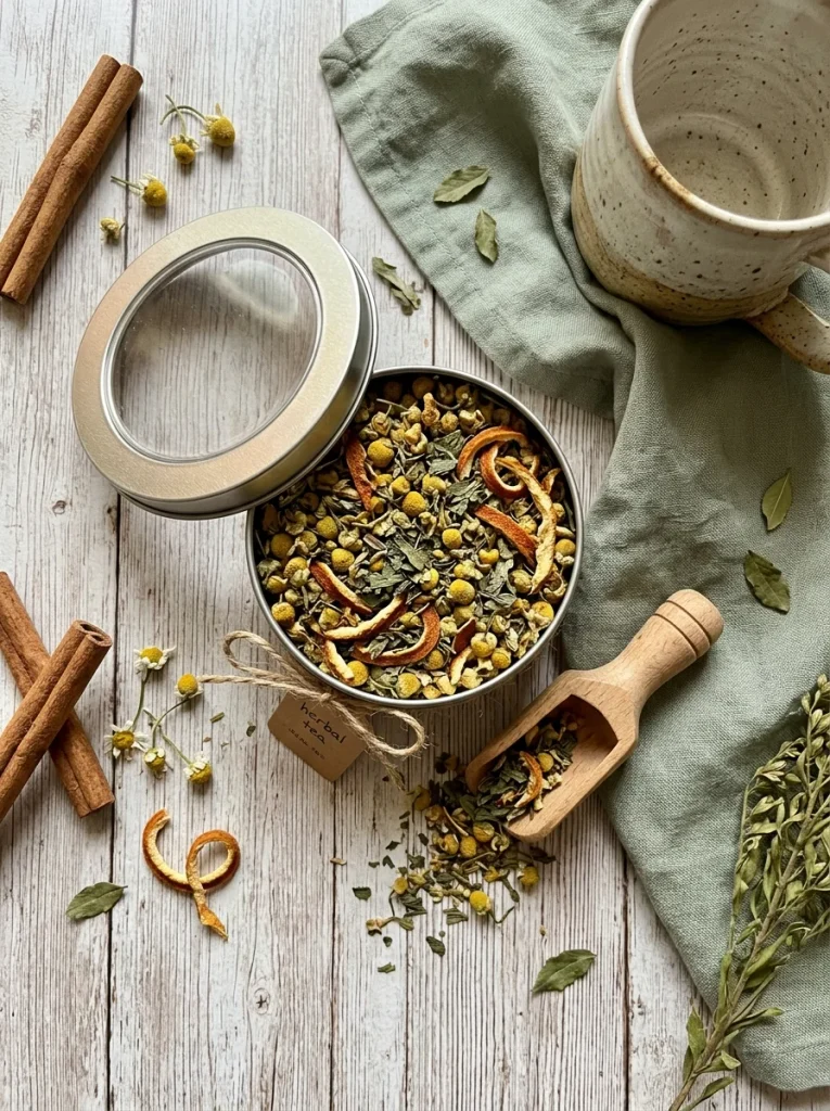 A charming herbal tea gift tin showcases chamomile flowers, peppermint leaves, and orange peel, styled with a wooden scoop, ceramic mug, and linen napkin in soft natural light.