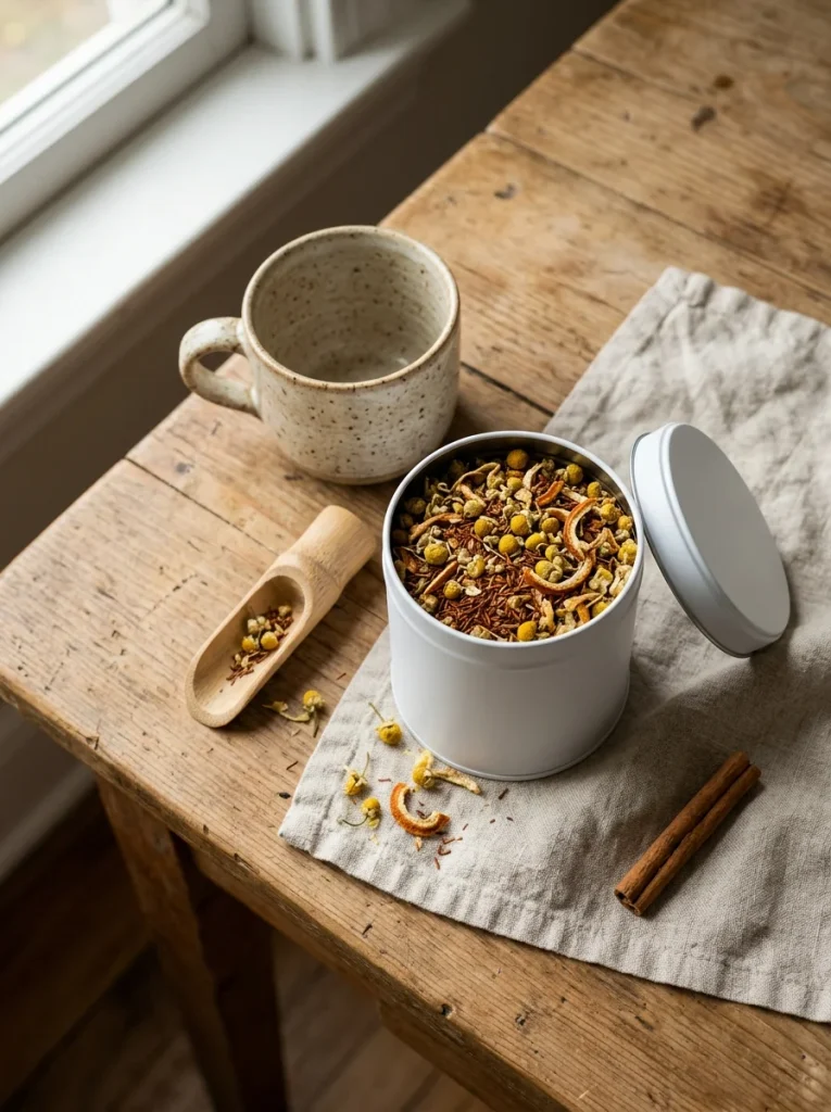 Open white tea tin filled with chamomile, rooibos, and orange peel, beside a bamboo scoop, ceramic mug, linen napkin, and cinnamon stick