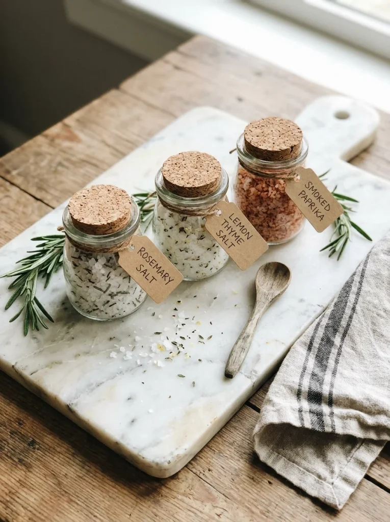 quality short all text for this image
Three corked glass jars filled with rosemary, lemon-thyme, and smoked paprika finishing salts on a marble board, styled with fresh herbs, a wooden spoon, and a striped dishcloth.