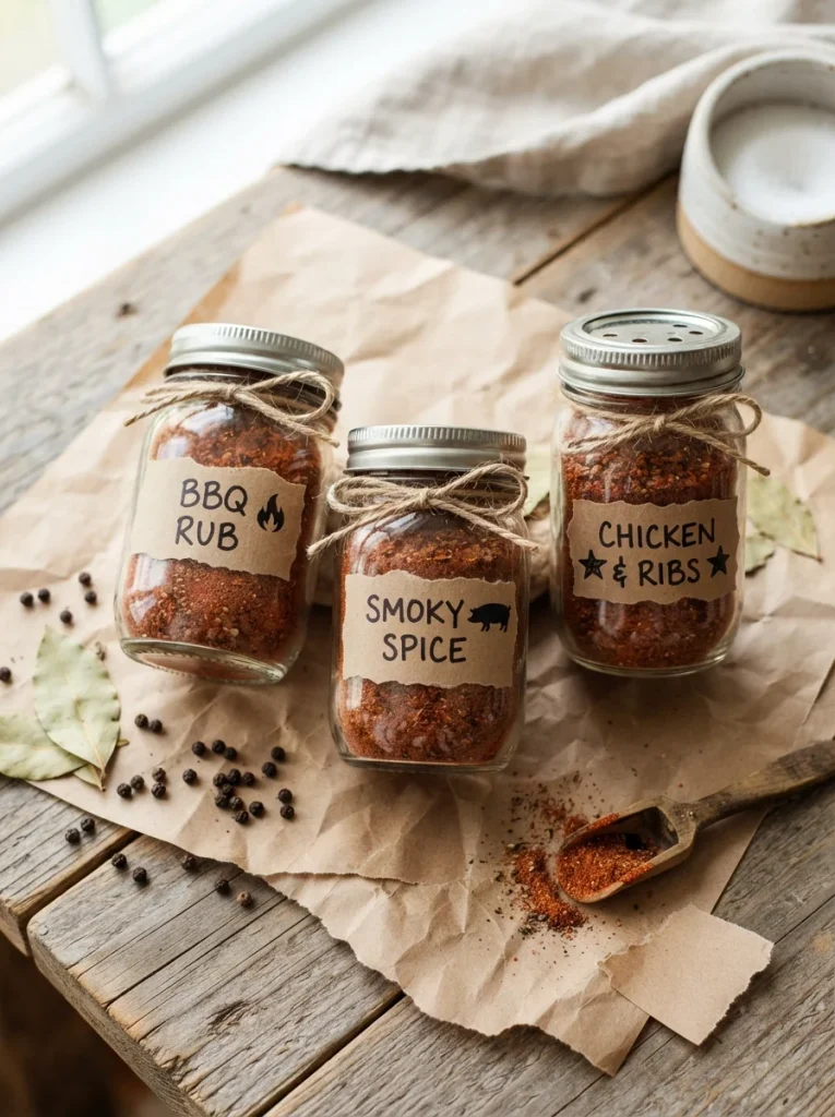 Three handmade spice jars filled with flavorful BBQ rub, featuring kraft labels and shaker lids. A perfect homemade gift for grill lovers and weekend cookouts.
