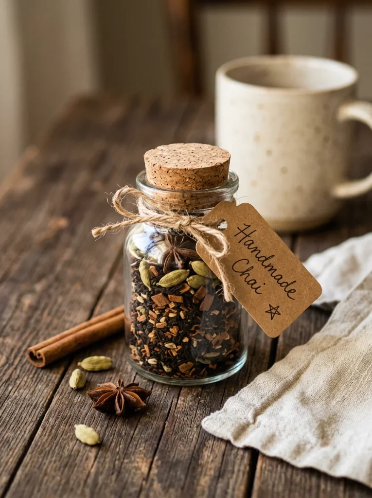 Handmade chai tea gift jar filled with tea leaves, cinnamon, and cardamom, featuring a cork stopper, kraft tag, ceramic mug, and cozy morning light.