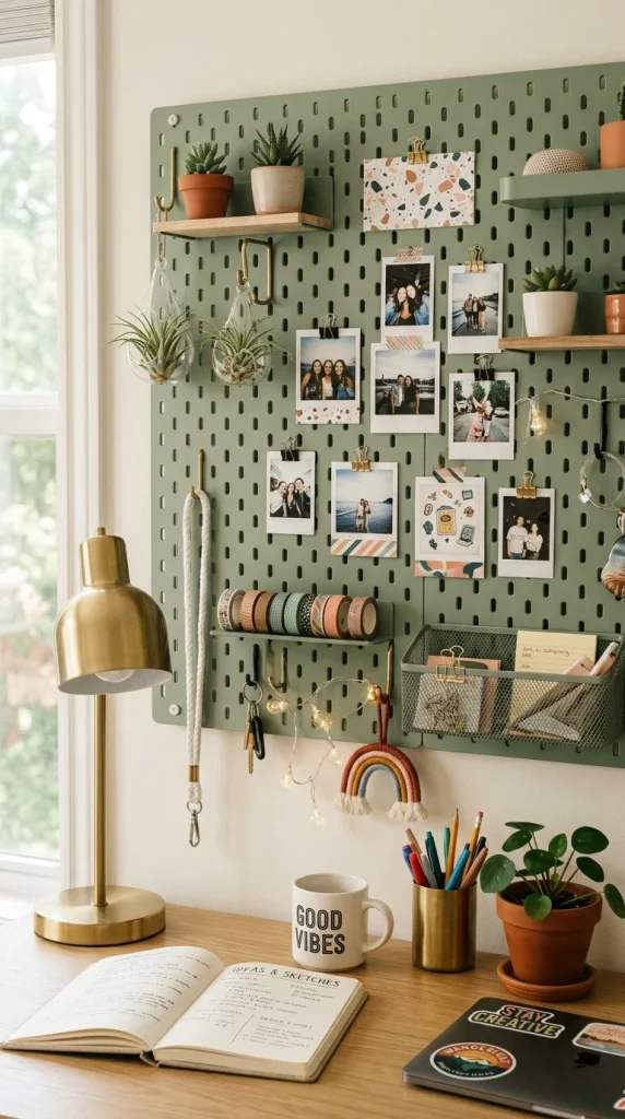 Sage green SKÅDIS pegboard above a teen bedroom desk with mini shelves, hooks, photos, and tiny planters.
