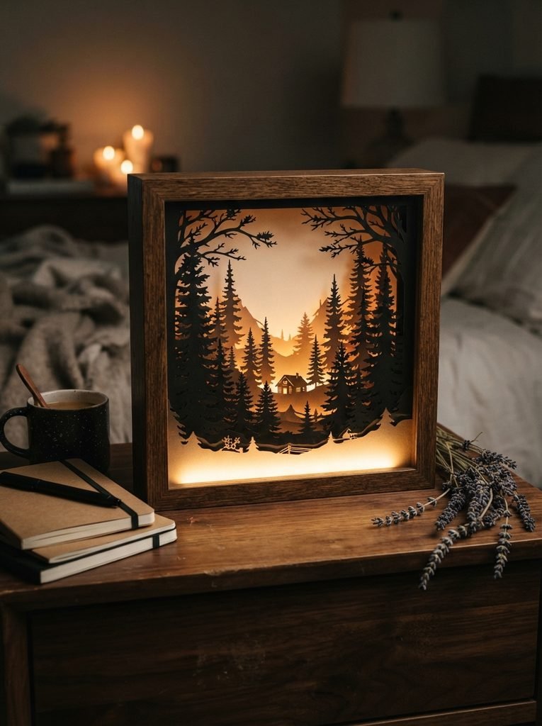 Handmade black paper-cut pine forest shadow box with layered silhouettes and a warm glowing LED light, displayed on a dark wooden nightstand with sketchbooks, a ceramic mug, and dried lavender