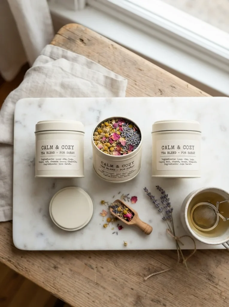 Three cream tea tins with personalized labels, one open to reveal chamomile, rose petals, and lavender, arranged on a marble board with a ceramic teacup and wooden scoop.