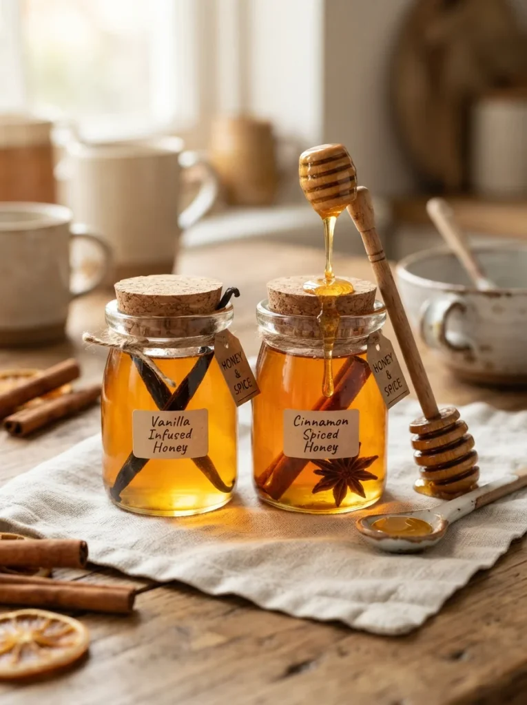 Golden infused honey jars with vanilla beans, cinnamon sticks, and a rustic wooden honey dipper.

