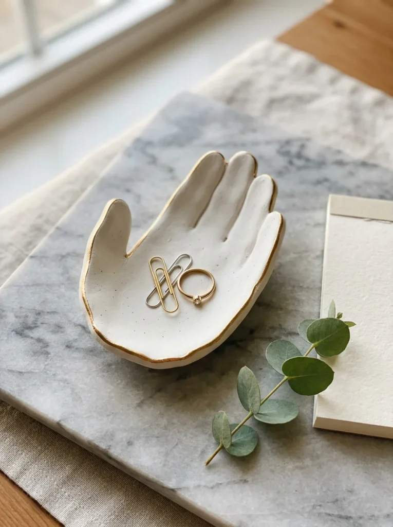 A delicate, handmade white clay trinket dish with an irregular gold-painted rim sits on marble, holding gold paperclips and a ring, surrounded by eucalyptus and elegant stationery.