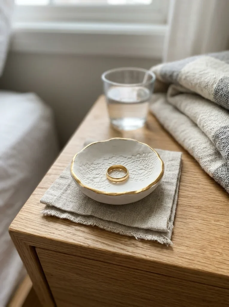 White air-dry clay ring dish with lace texture and gold rim, holding a gold ring. Soft window light, minimalist nightstand styling, 