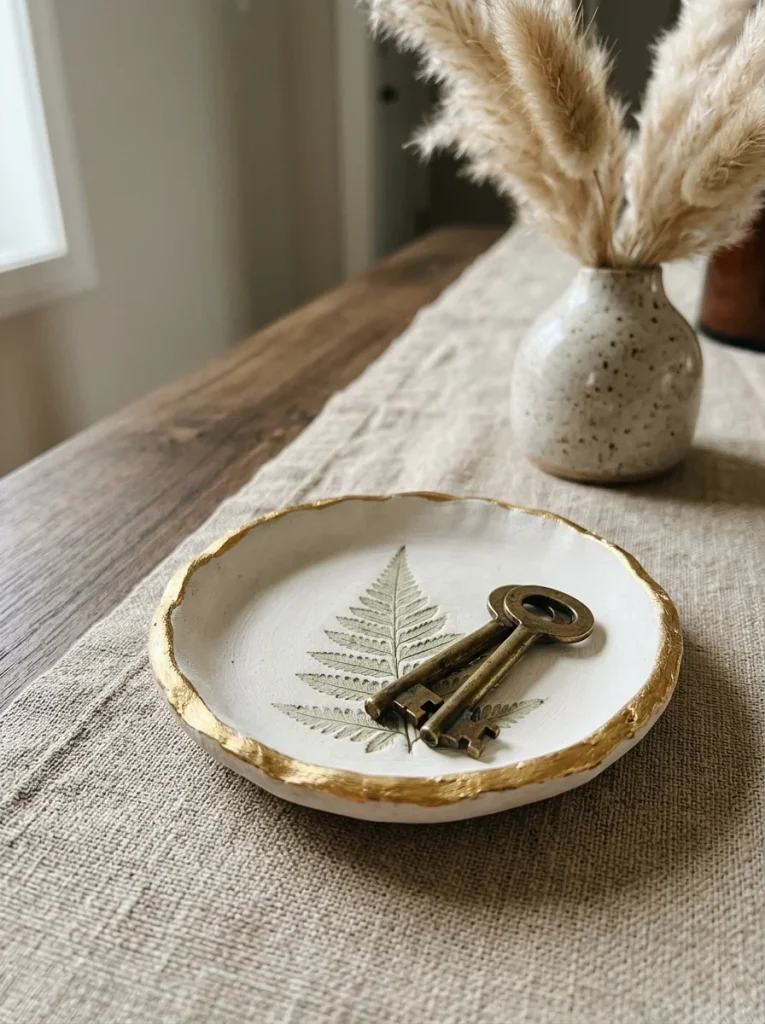Round white air-dry clay trinket dish with a hand-painted gold rim and pressed fern imprint, holding brass keys on an elegant console table.