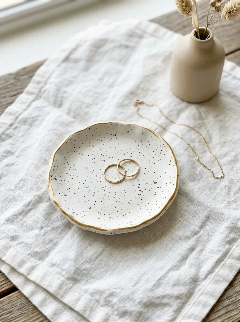 Handmade white clay trinket dish with brown speckles, a gold rim, delicate rings, and minimalist elegant décor.