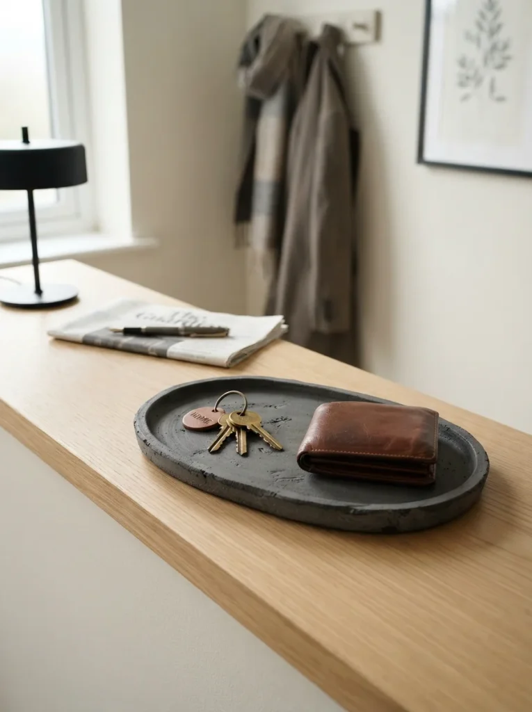 A minimalist charcoal clay tray with a natural raw edge, perfect for organizing keys, wallets, and everyday essentials. A stylish handmade gift for anyone who loves practical home decor.