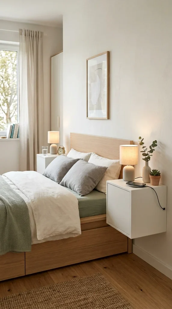 White floating bedside cabinets beside a low bed in a Scandinavian bedroom with minimalist decor.