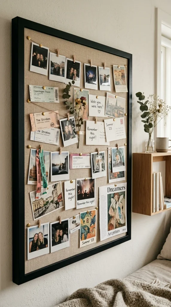Black-framed natural linen cork board covered with photos, ticket stubs, and postcards pinned with brass tacks, styled with ribbon and dried flowers in a Scandinavian teen bedroom.
