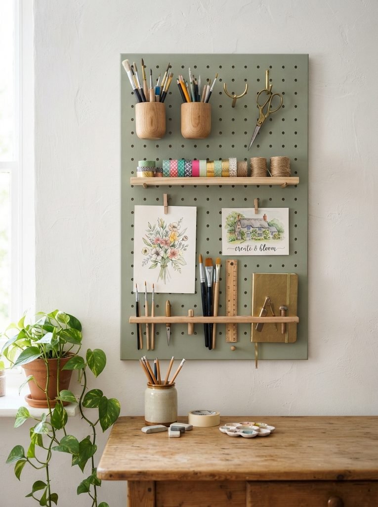 Sage green craft pegboard on a white wall, neatly organizing paintbrushes, scissors, washi tape, and watercolor sketches with wooden shelves, brass hooks, and a trailing pothos plant.