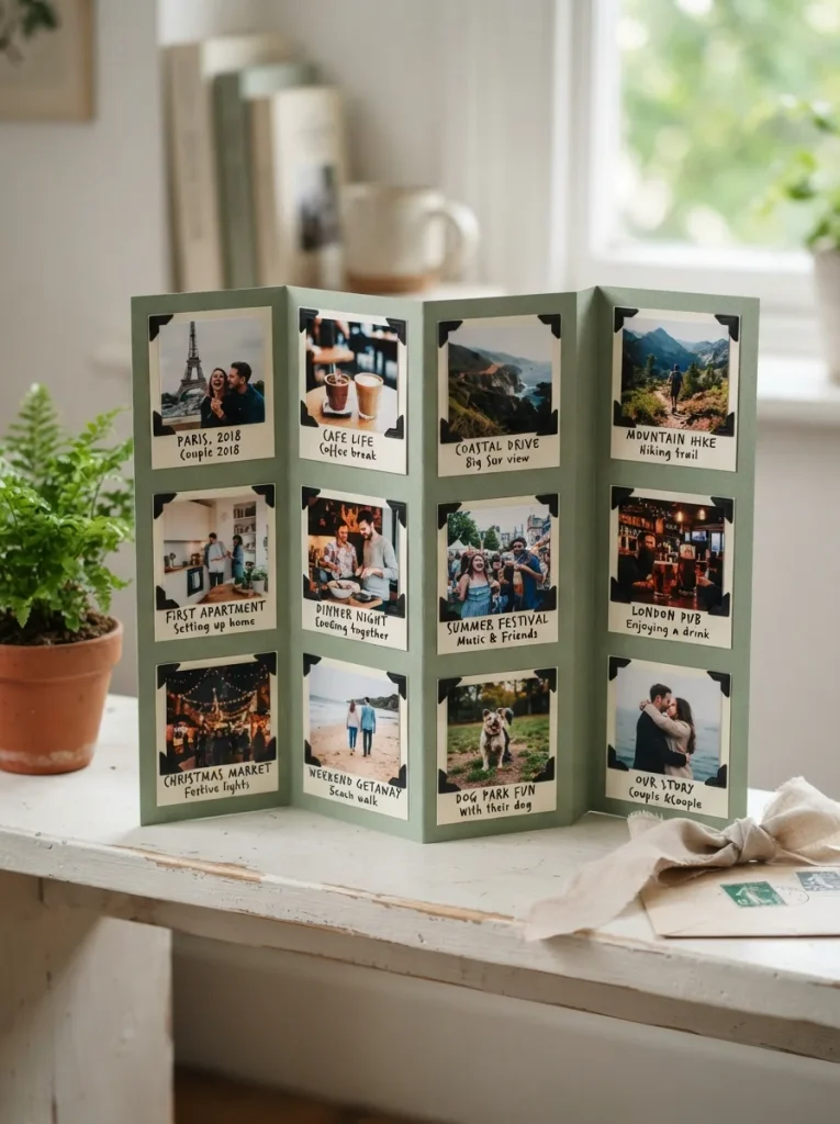 Handmade sage green accordion photo album displaying twelve small photographs and handwritten captions, arranged on a white shelf with a potted fern, linen ribbon, and vintage stamp
