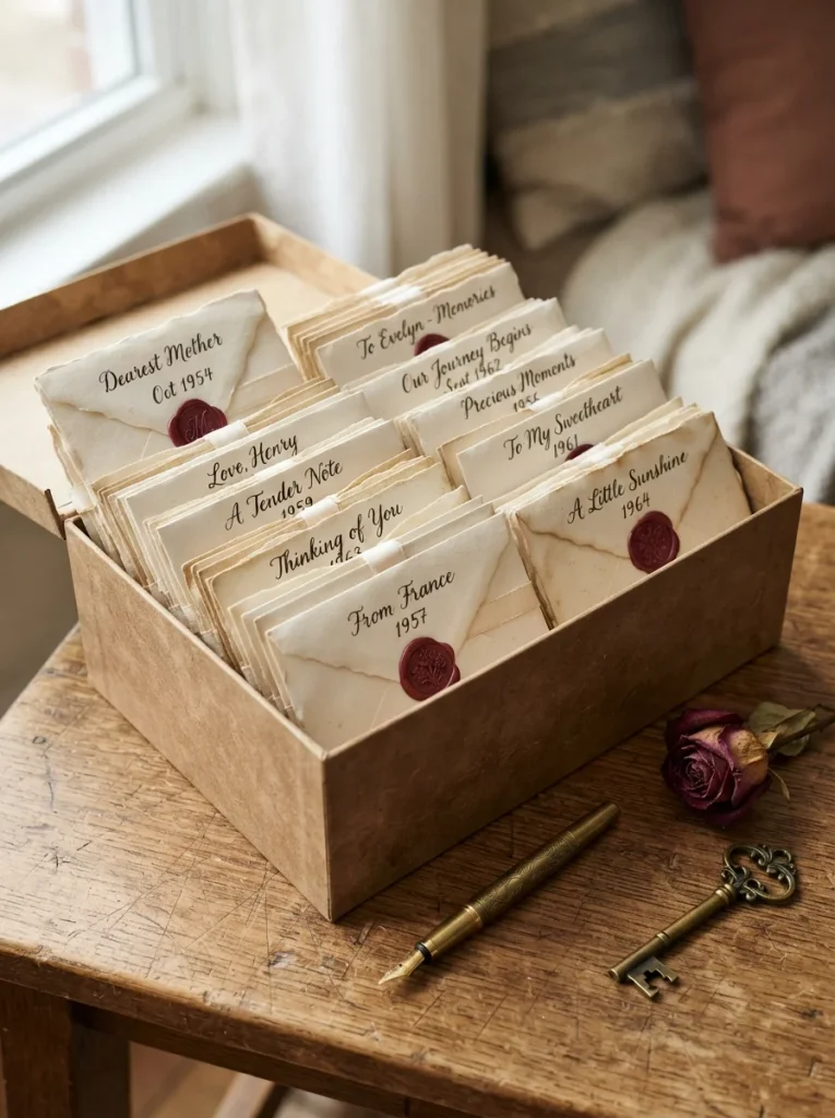 Handmade kraft keepsake box filled with sealed cream letters, burgundy wax seals, vintage brass key, dried rose, and fountain pen. Warm, sentimental, nostalgic styling with soft natural light. Photorealistic 8K lifestyle photography, Pinterest 2:3 vertical, no people.