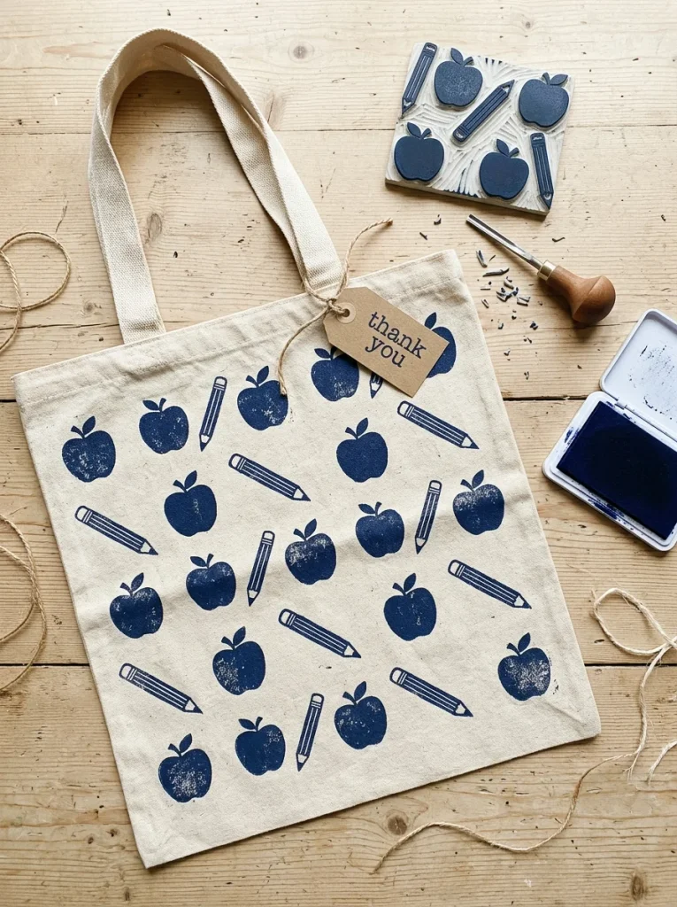 A handmade natural cotton tote with a repeating navy apple-and-pencil pattern, a sweet “Thank You” tag, and rustic stamping tools arranged in soft daylight for a fresh, cozy gift aesthetic.