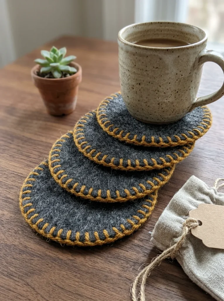 Charcoal felt coasters with mustard-yellow blanket stitching sit beneath a cozy ceramic mug on a warm wooden desk, styled with a linen pouch and tiny succulent.