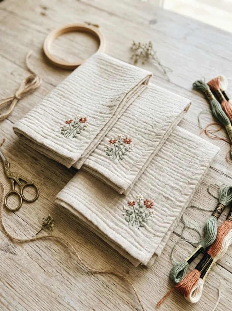 Three folded oatmeal muslin burp cloths with delicate sage and terracotta wildflower embroidery, styled with an embroidery hoop, scissors, and colorful floss.