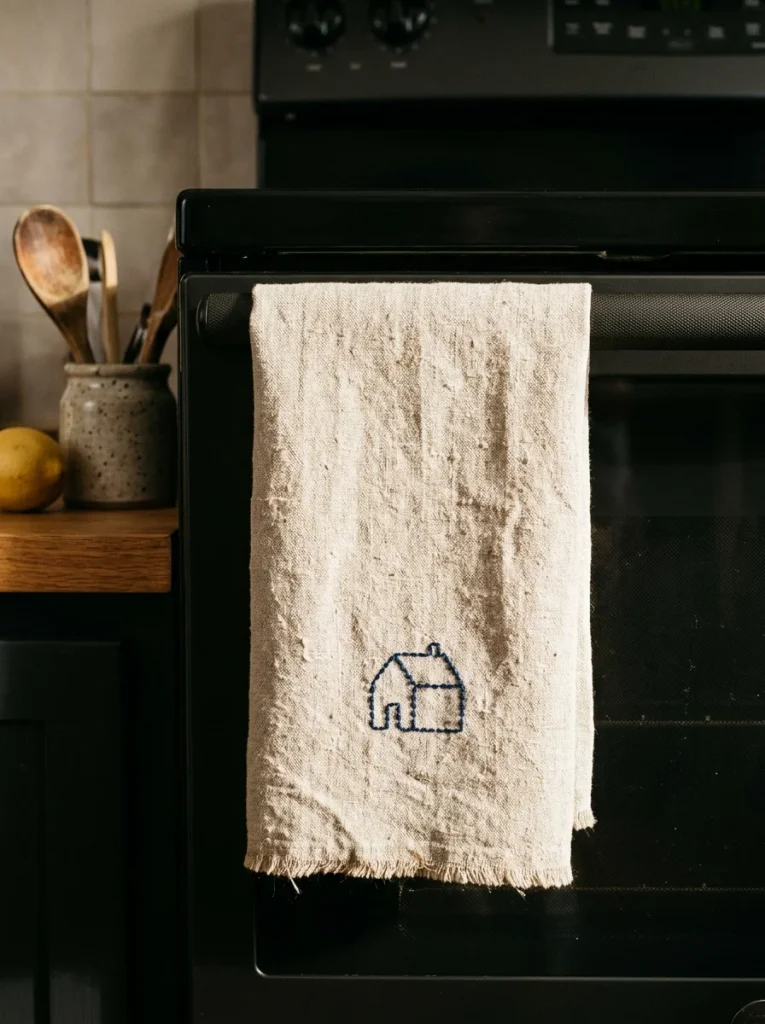 Oatmeal linen tea towel with delicate indigo house embroidery, draped over an oven handle with a wooden spoon, stoneware crock, and lemon.