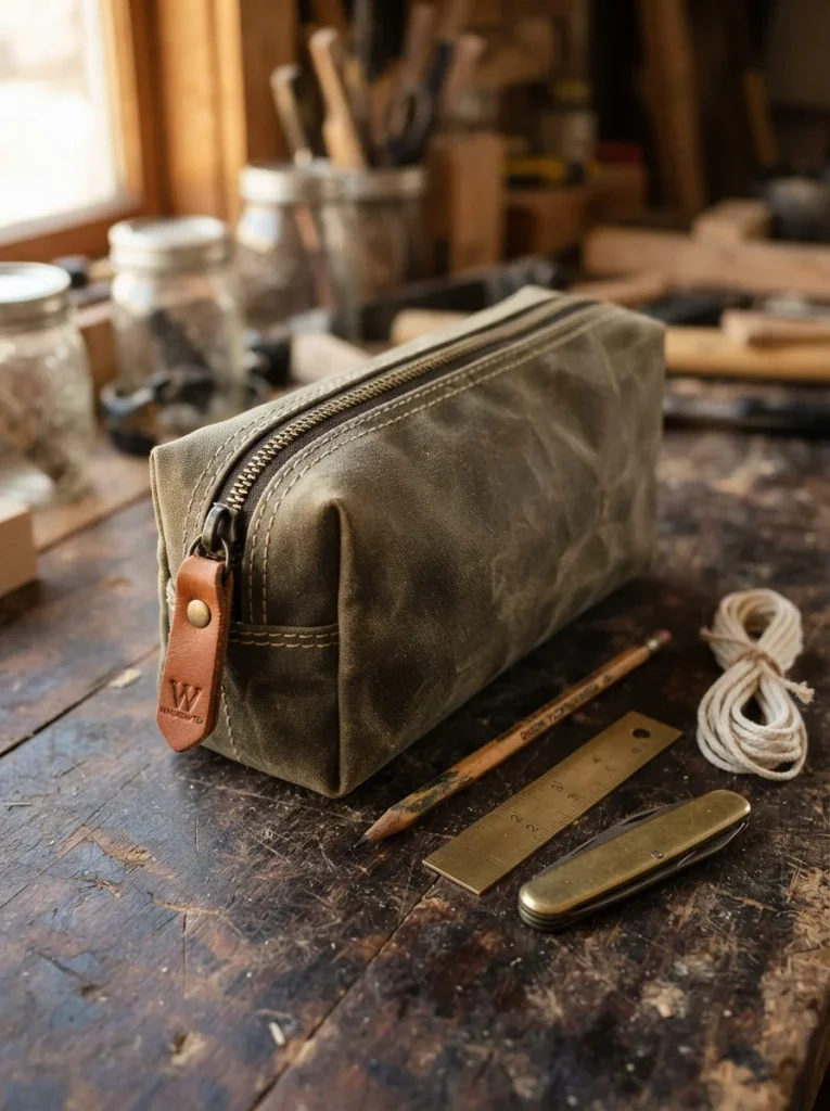 A rugged olive-green canvas pouch featuring a brass zipper, tan leather pull, and detailed hand-stitched seams. A practical handmade gift for artists, travelers, and DIY lovers