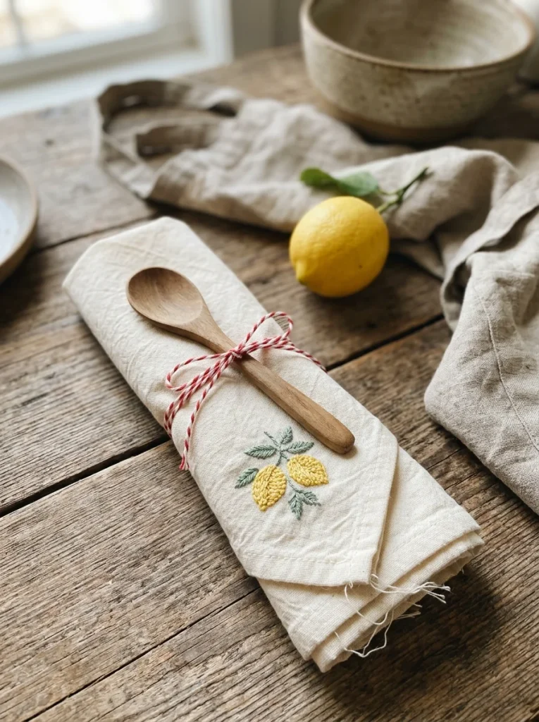 Hand-embroidered lemon tea towel tied with baker’s twine, featuring a wooden spoon, fresh lemon, and cozy farmhouse kitchen décor.
