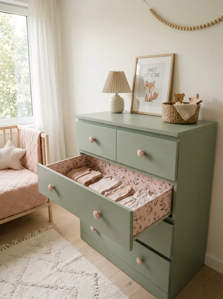 Soft sage MALM dresser with blush scalloped knobs, floral drawer liner, folded clothes, and cozy Scandinavian kids’ bedroom decor.