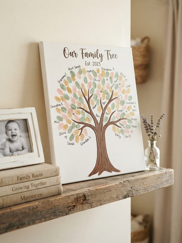 Create a beautiful family tree canvas with colorful fingerprint leaves in sage green, blush pink, and gold. A heartfelt handmade keepsake to celebrate family, love, and precious memories!