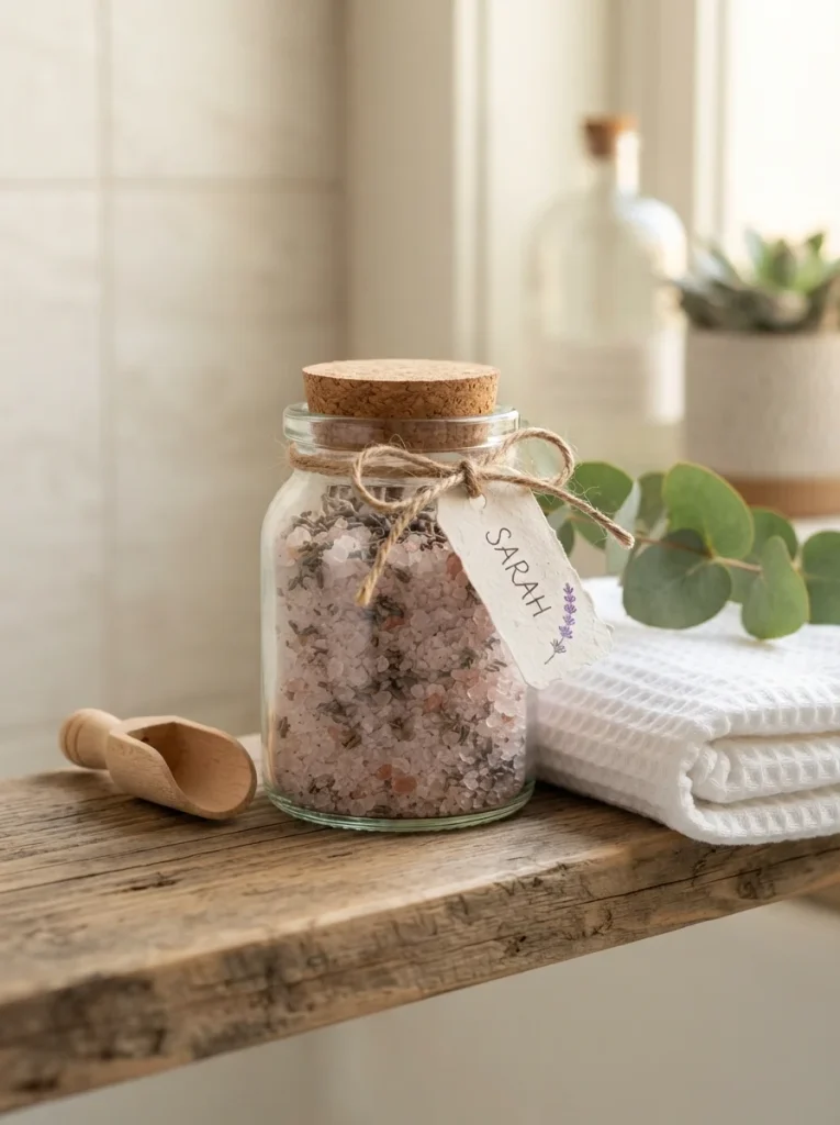 Photorealistic lavender bath salts in a cork-lid glass jar with a name tag, white towel, wooden scoop, and eucalyptus. Soft warm light, clean spa aesthetic, 8K detail, Pinterest 2:3 vertical, no people.