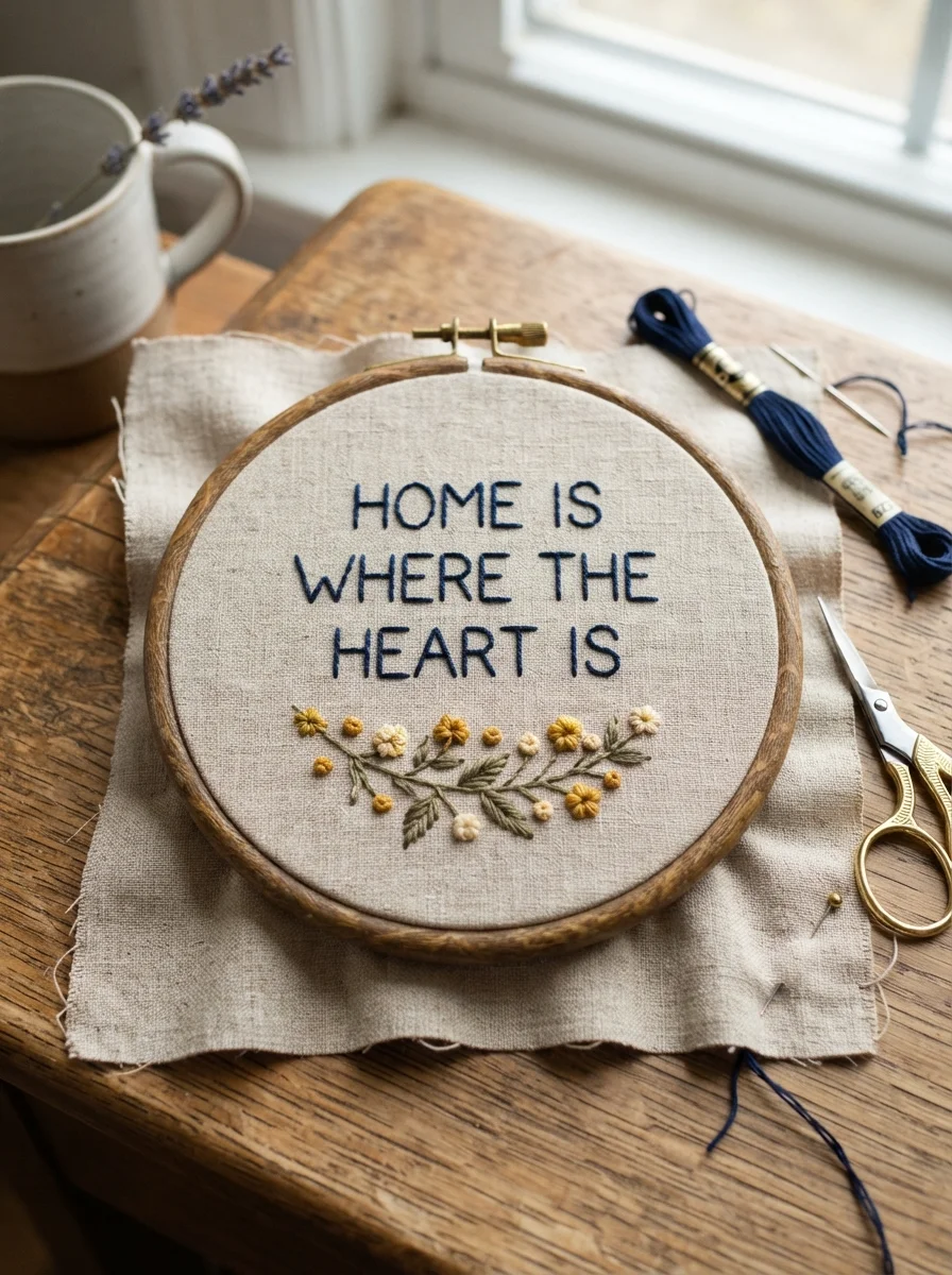 Handmade embroidery hoop with navy lettering and mustard-yellow flowers on natural linen, styled with scissors, embroidery floss, and lavender. Soft daylight, cozy handcrafted charm, photorealistic 8K lifestyle photography, Pinterest 2:3 vertical, no people.