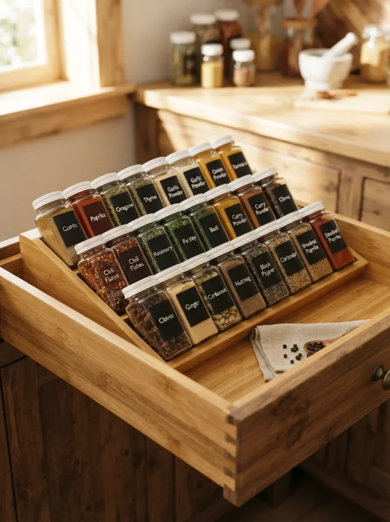 Organized bamboo spice drawer with labeled glass jars, warm natural lighting, and a clean, stylish kitchen storage design.
