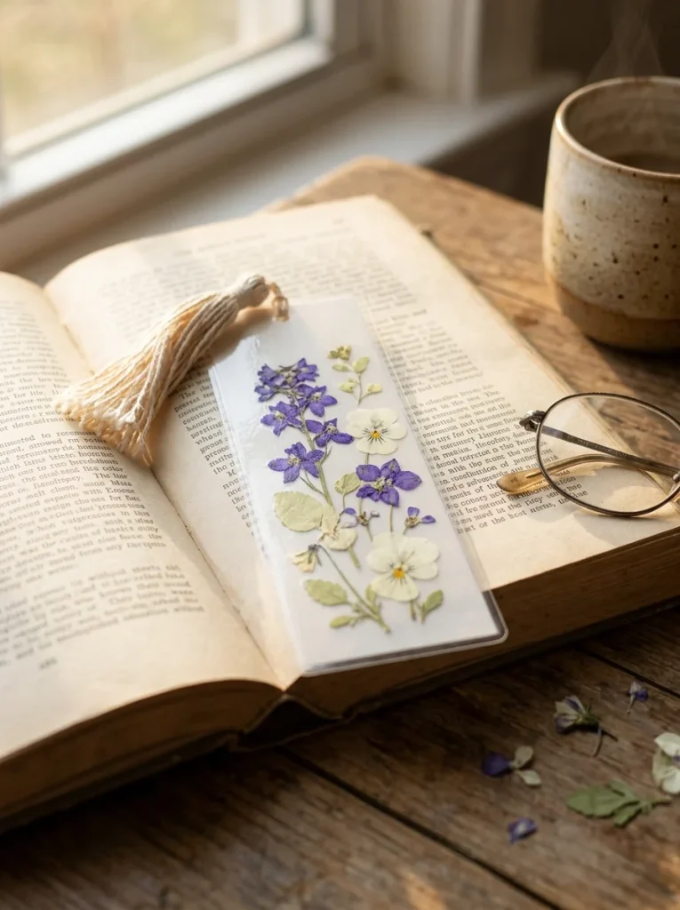 A delicate pressed-flower bookmark featuring violet and white blooms, a cream tassel, and translucent edges, resting in an open book under soft golden window light.