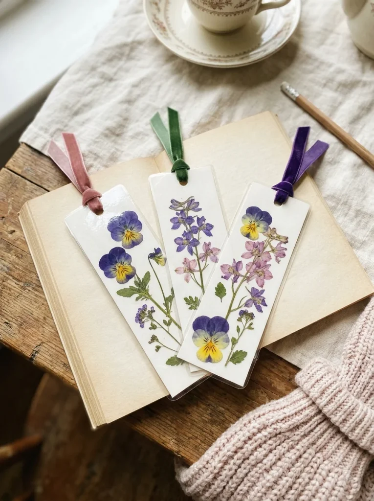 Beautiful pressed-flower bookmarks with velvet tassels rest on an open book, surrounded by a warm cup of tea and soft lavender knitwea
