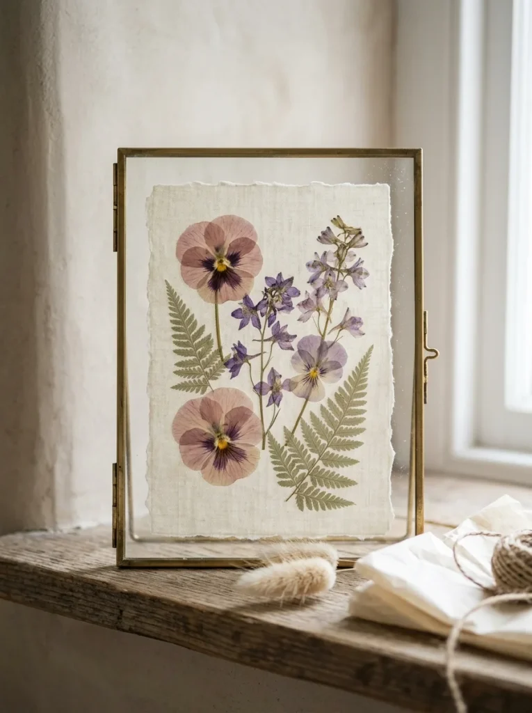 Brass-edged floating frame with pressed pansies, lavender larkspur, and delicate fern leaves on cream linen paper. 