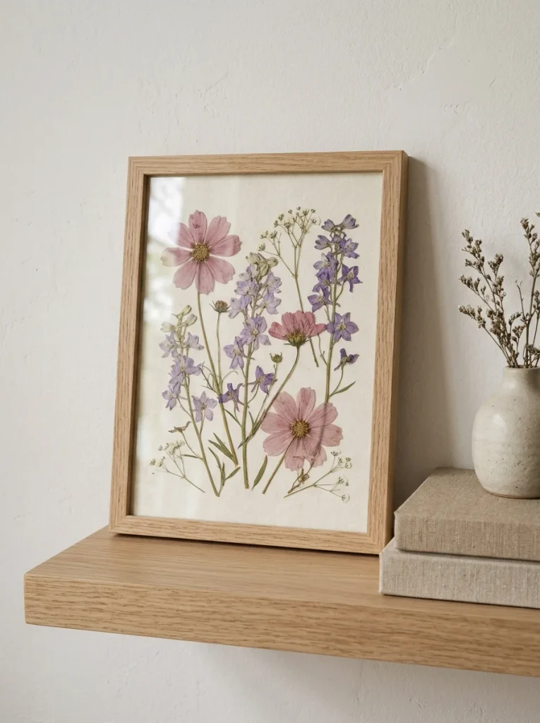 Pressed wildflowers in a thin oak frame on cream cardstock, displayed on a floating shelf with linen books and a bud vase.