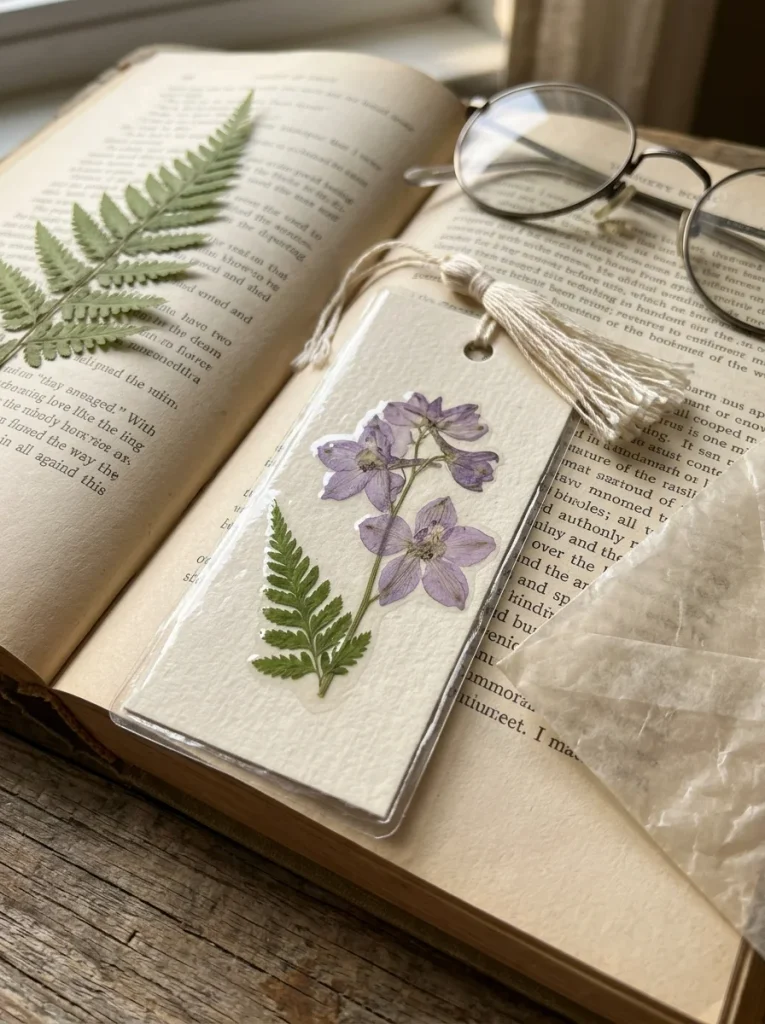 Handmade pressed-flower bookmark with lilac petals, fern leaves, cream cardstock, and a cotton tassel resting in an open book.