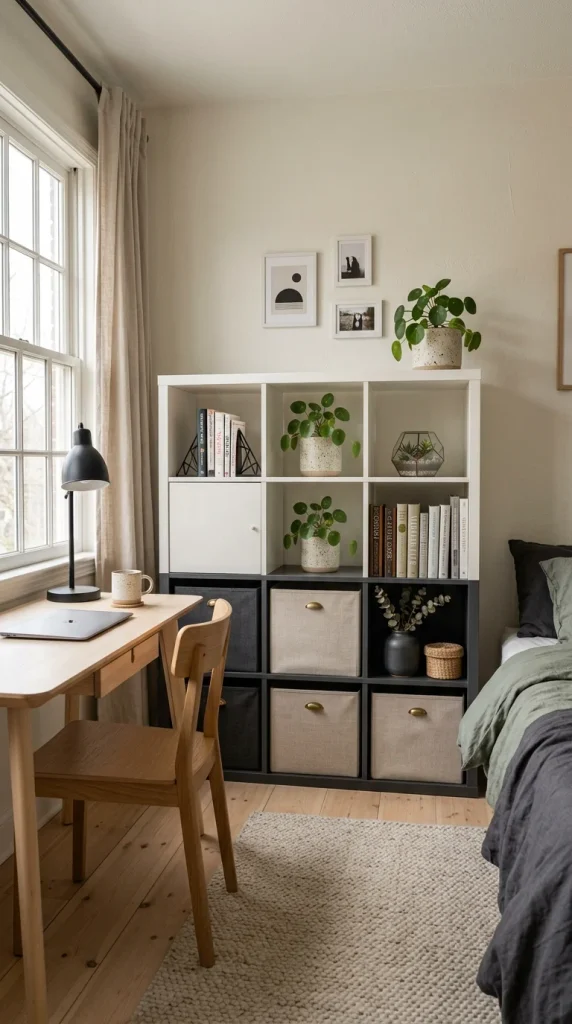 Charcoal and white KALLAX shelf with books, storage bins, and minimalist decor.