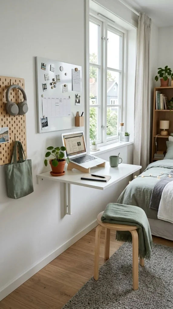 White wall-mounted drop-leaf desk beside a window in a small Scandinavian teen bedroom with laptop and magnetic calendar.
