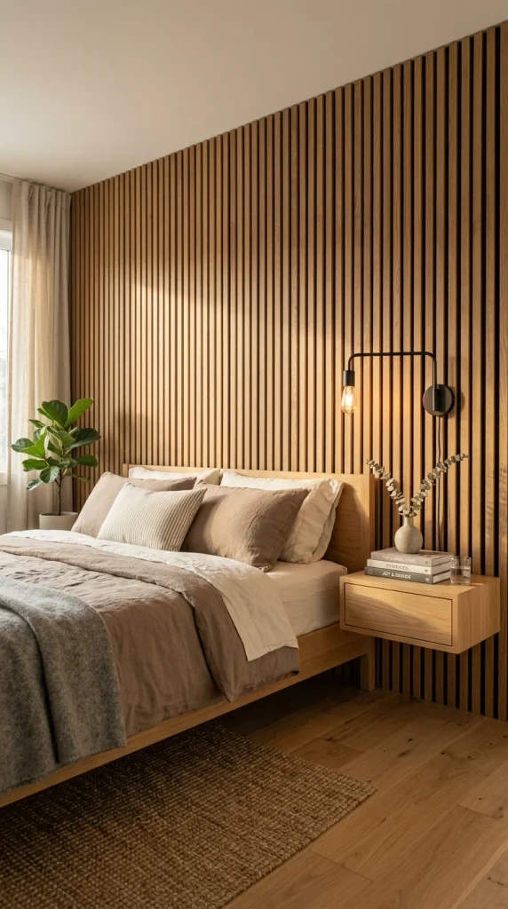 Oak slat accent wall behind a modern teen bed with floating nightstand and warm golden lighting.
