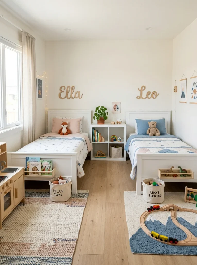 Shared Scandinavian kids’ bedroom with two single beds, a low white shelf divider, matching quilts, separate rugs, and personalized wooden name signs.