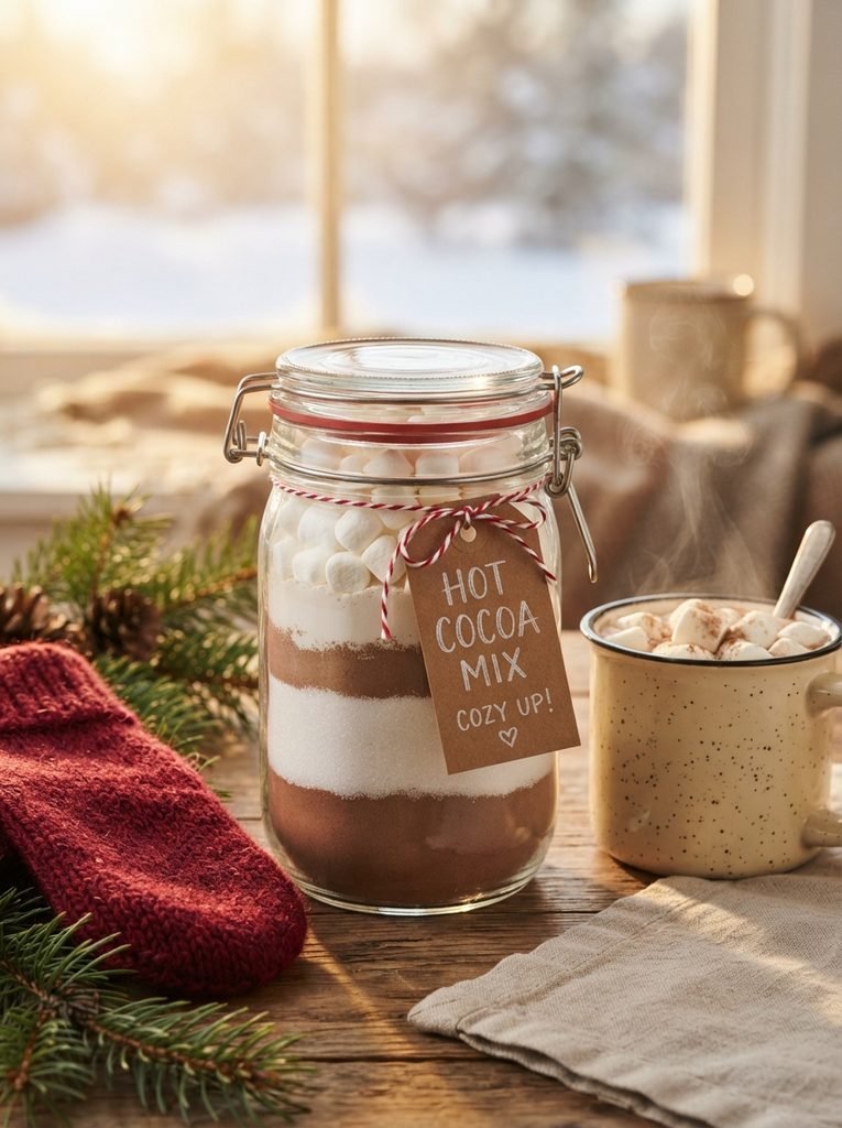 Create a cozy homemade hot cocoa gift jar layered with cocoa, sugar, powdered milk, and mini marshmallows. Finish with baker’s twine and a cute kraft tag for the perfect holiday gift!