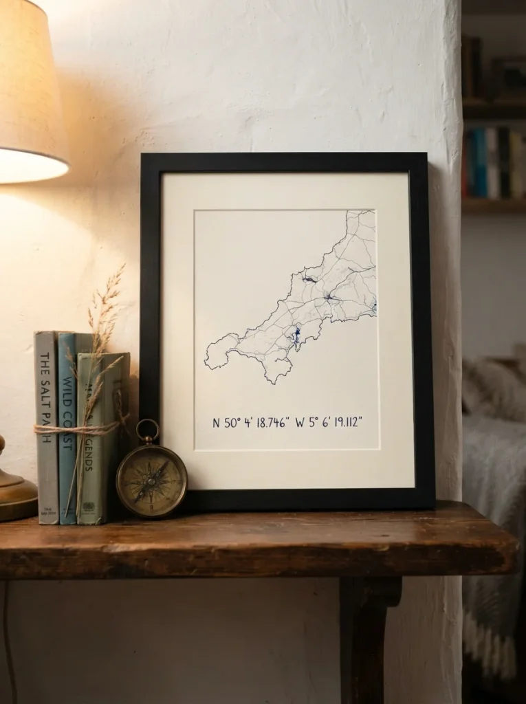 Photorealistic black wooden frame with a minimalist map and handwritten GPS coordinates, cream mat, warm lighting, dark wood shelf, brass compass, vintage books, sentimental aesthetic, 8K detail, Pinterest 2:3 vertical, no people.