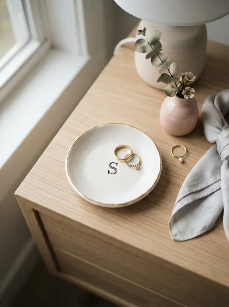 Photorealistic white clay ring dish with a stamped initial, gold rim, and two gold rings on a bedside table. Soft window light, blush accents, delicate minimalist style, 8K detail, Pinterest 2:3 vertical, no people.