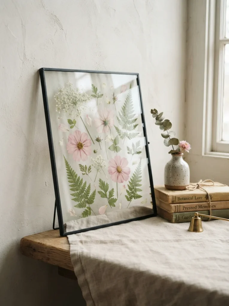 Pressed pink and white flowers with green fern leaves in a floating glass frame, styled with old books, linen, and a ceramic vase. Soft natural light, delicate botanical charm, photorealistic 8K lifestyle photography, Pinterest 2:3 vertical, no people.