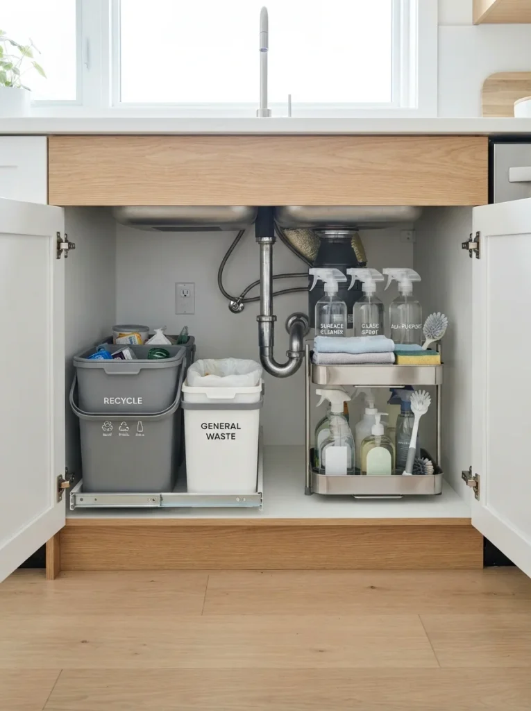 Organized under-sink cabinet with sorting bins, tiered cleaning caddy, labeled spray bottles, and neatly folded cloths.
