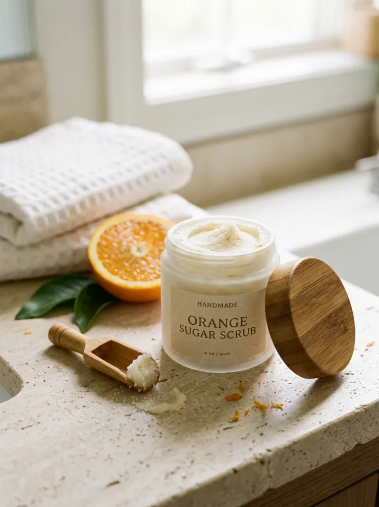 A creamy orange sugar scrub in a frosted glass jar with a bamboo lid, styled with fresh orange slices, a wooden scoop, and soft white towels for a clean, luxurious spa aesthetic.